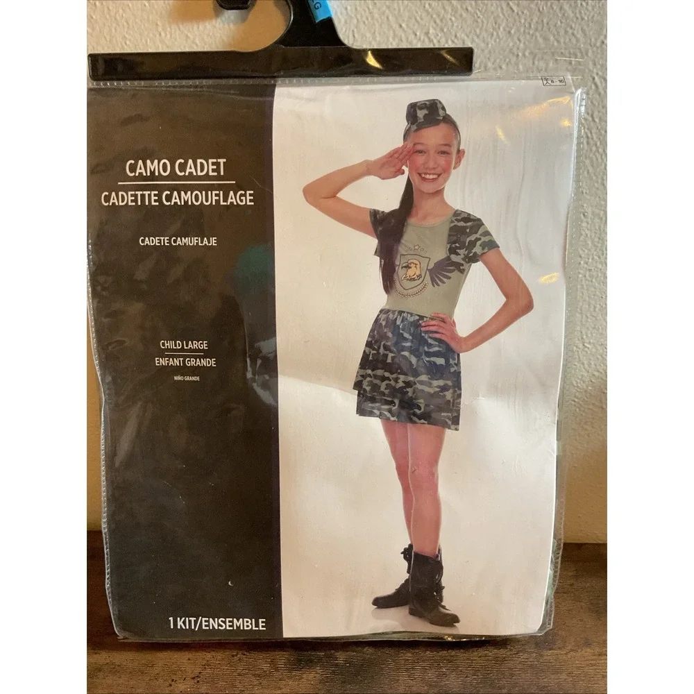 New Girls Camo Army Cadet Camouflage Halloween Costume Hat &‎ Dress Large 8-10